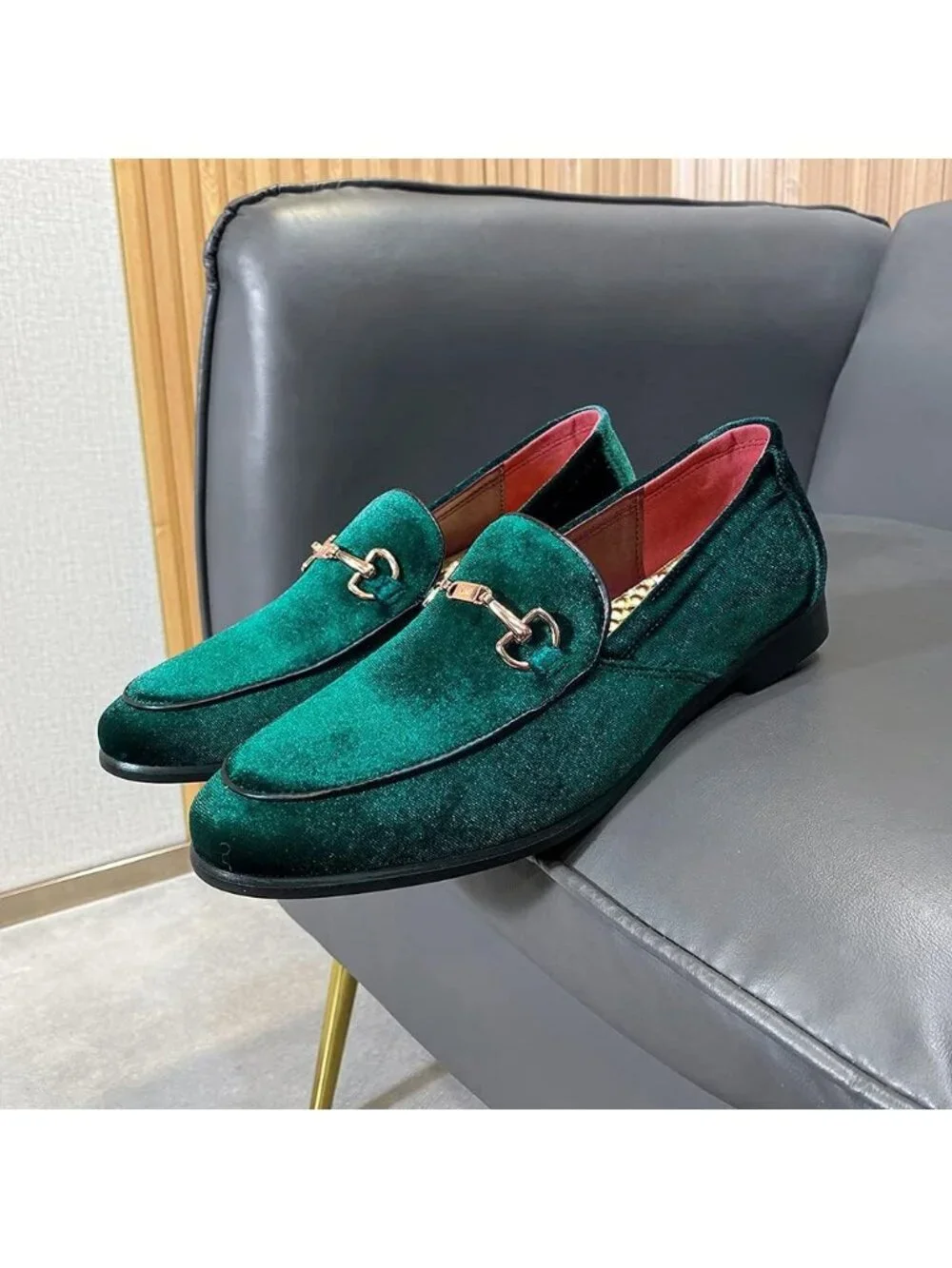 LCQL Men's Green Leather Velvet Loafer Gold Buckle Slip On Comfortable Shoes